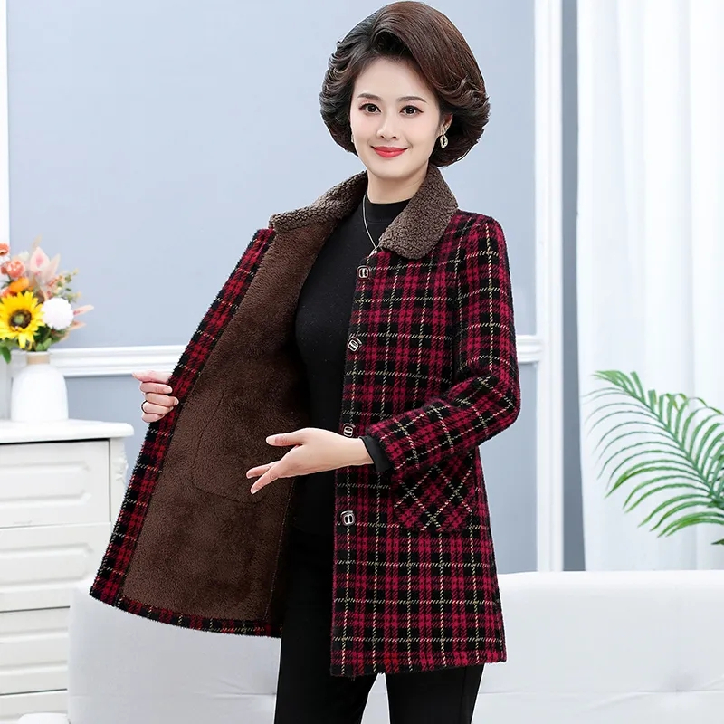 Composite autumn and winter velvet thickened mid-length cotton coat for women imitation sherpa Korean style popular print