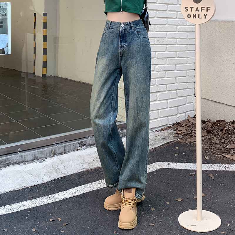 實拍~高腰直筒牛仔褲女2023秋季新款復古港風寬鬆顯瘦闊腿褲