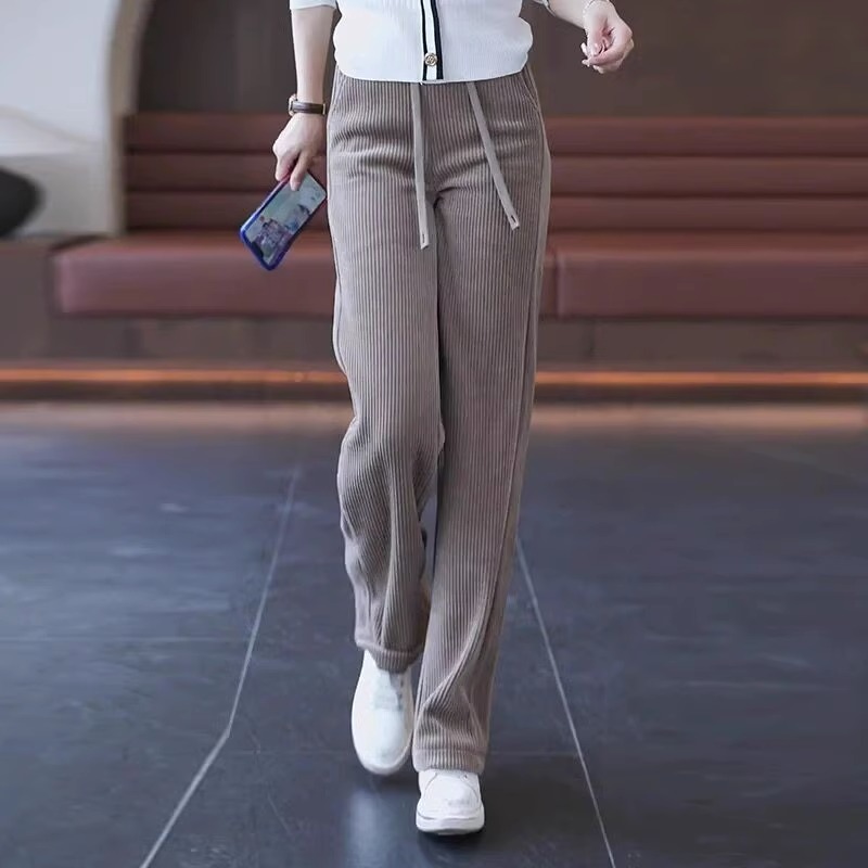 Corduroy wide-leg pants for women 2023 autumn and winter straight plus velvet thickened chenille casual sports loose trousers