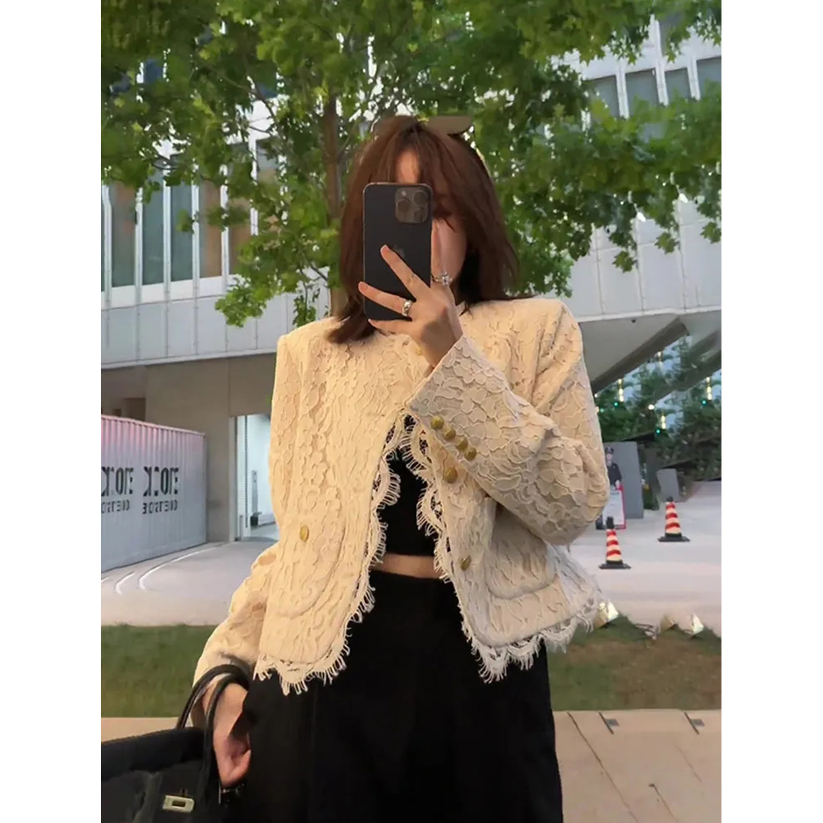 質檢官圖法式蕾絲小香風短款外套女2023秋冬季新款高級感氣質上衣