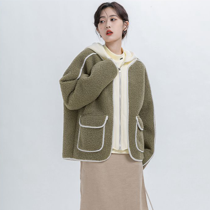撞色假兩件羊羔毛連帽衛衣女冬2023新款寬鬆拉鏈開衫加厚上衣外套