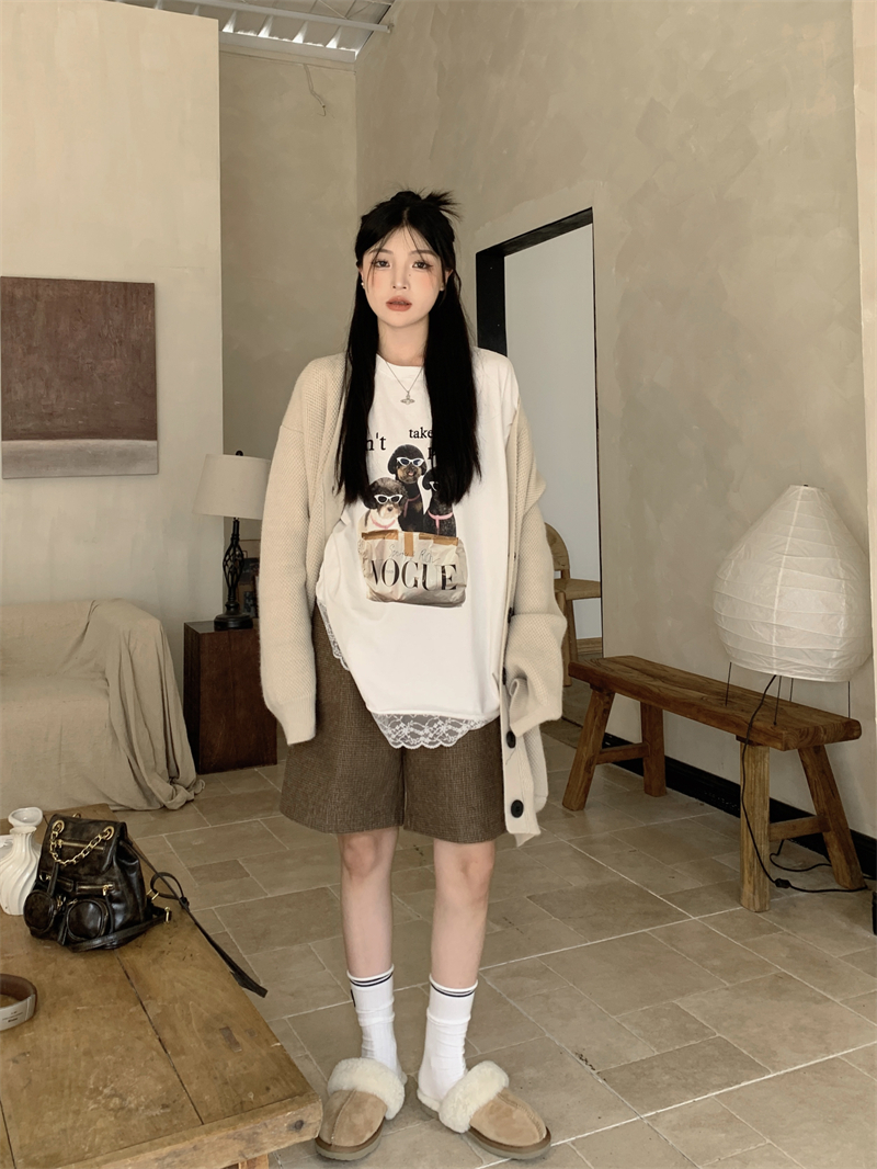 實拍：韓系穿搭博主基礎內搭狗狗印花純棉蕾絲邊長袖打底TEE