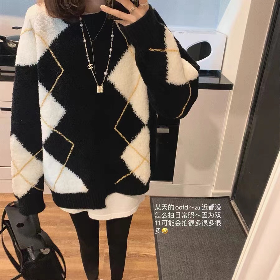 韓版寬鬆格子毛衣設計感小眾棋盤格慵懶風加厚套頭中長款針織上衣