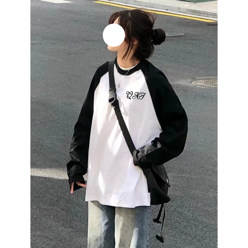 Raglan long-sleeved T-shirt for women in autumn and winter, loose and velvet thickened niche design trendy shoulder top