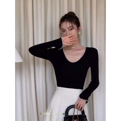 LELART復古高級上衣設計感法式珍珠邊修身長袖百搭針織衫女打底衫