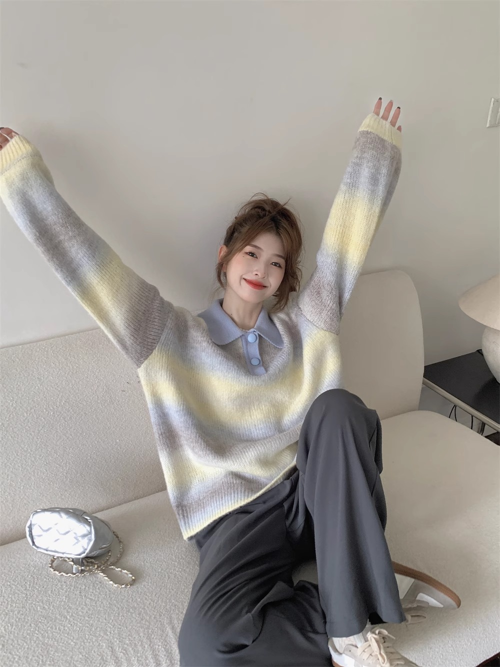 Gradient polo collar lazy style sweater for women autumn and winter 2023 new design niche sweater loose top