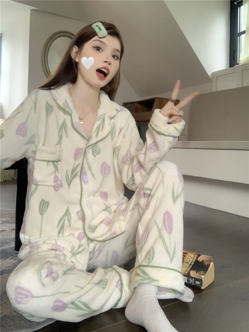 實拍秋冬新款睡衣加厚珊瑚絨甜美鬱金香法蘭絨開衫家居服套裝