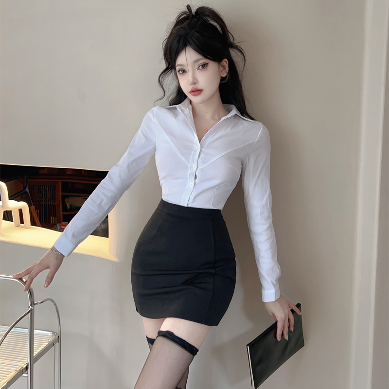 實拍制服套裝女秋季職業裝性感V領長袖白襯衫女包臀裙前台工作服