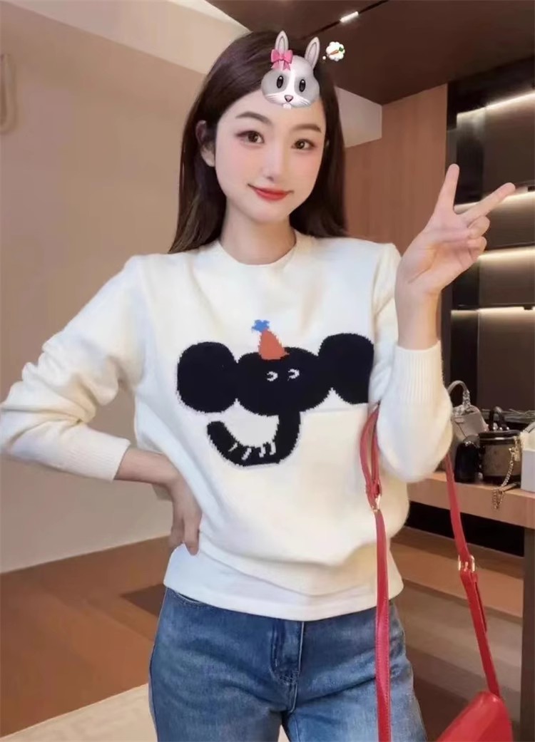 懶小毛2023新款簡約小象卡通刺繡套頭百搭女款長袖針織毛衣