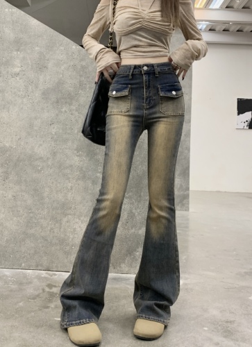 实拍~美式复古高腰弹力牛仔裤女秋季口袋设计修身微喇叭长裤