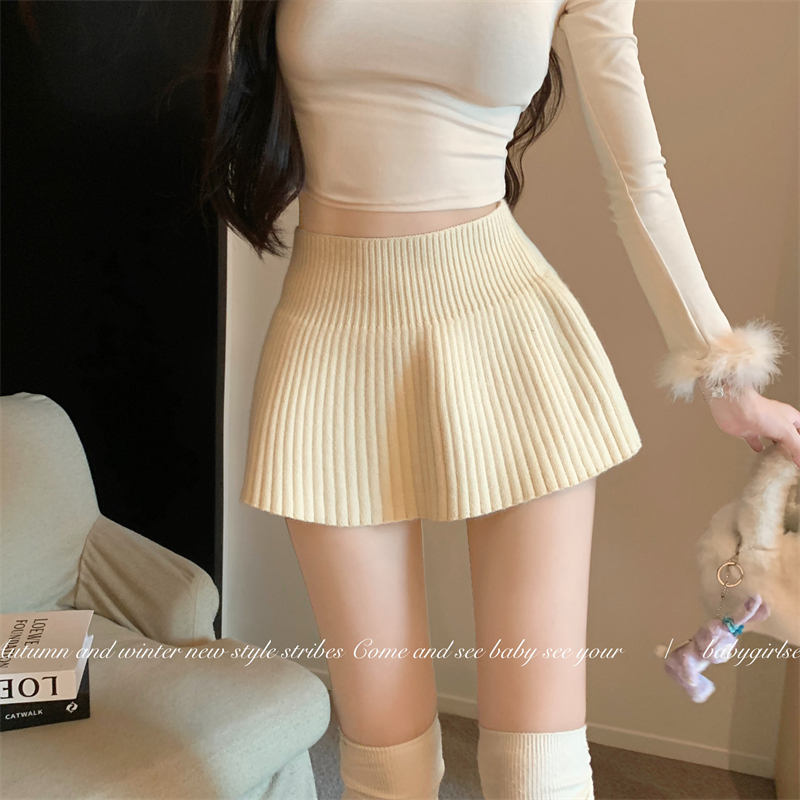 Real shot ~ hot girl with long legs showing pure desire knitted pleated skirt elastic woolen sexy A-line mini skirt