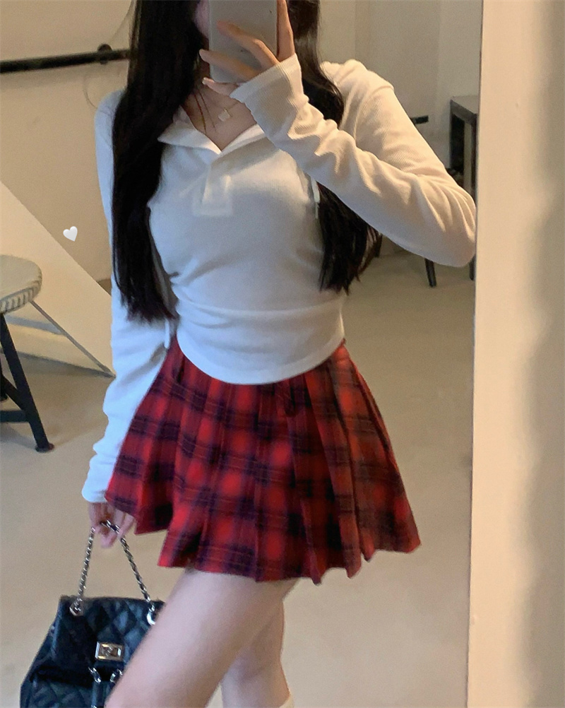 實拍~韓系學院風紅格子半身裙A字百褶短裙+長袖連帽T恤兩件套