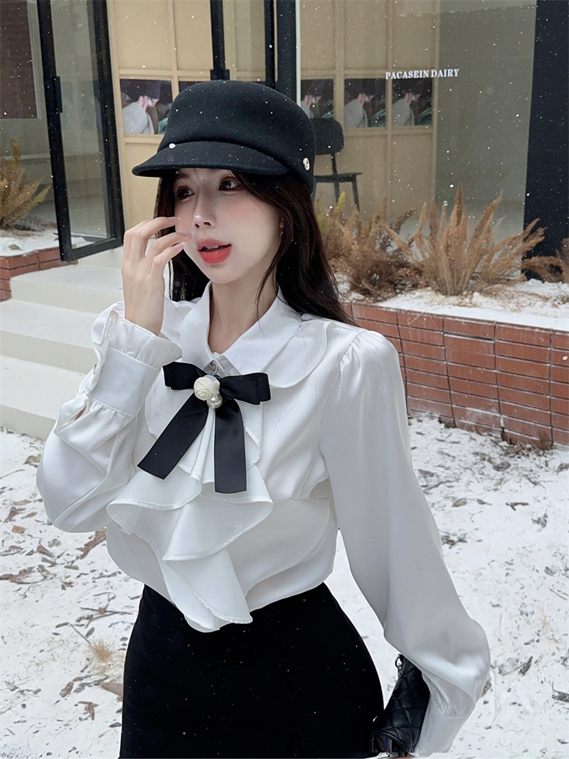 實拍法式蝴蝶結白色綢緞宮廷襯衫淑女