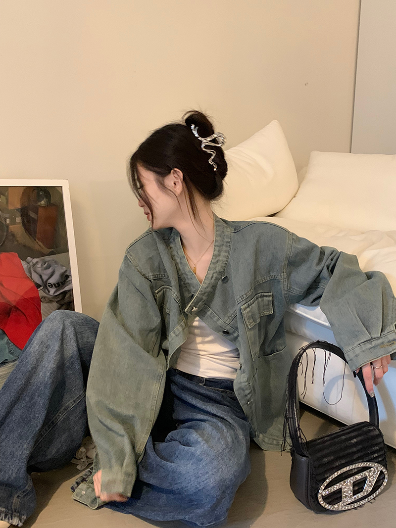 實拍 新款小眾設計高級復古夾克牛仔外套