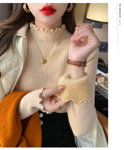 Autumn and winter fleece-lined sweater for women, thickened with lace trim, half-high collar pullover, fashionable knitted base shirt, warm top