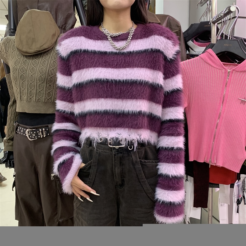 ANAN新款撞色馬海毛條紋毛衣女2023秋冬慵懶寬鬆百搭短款上衣