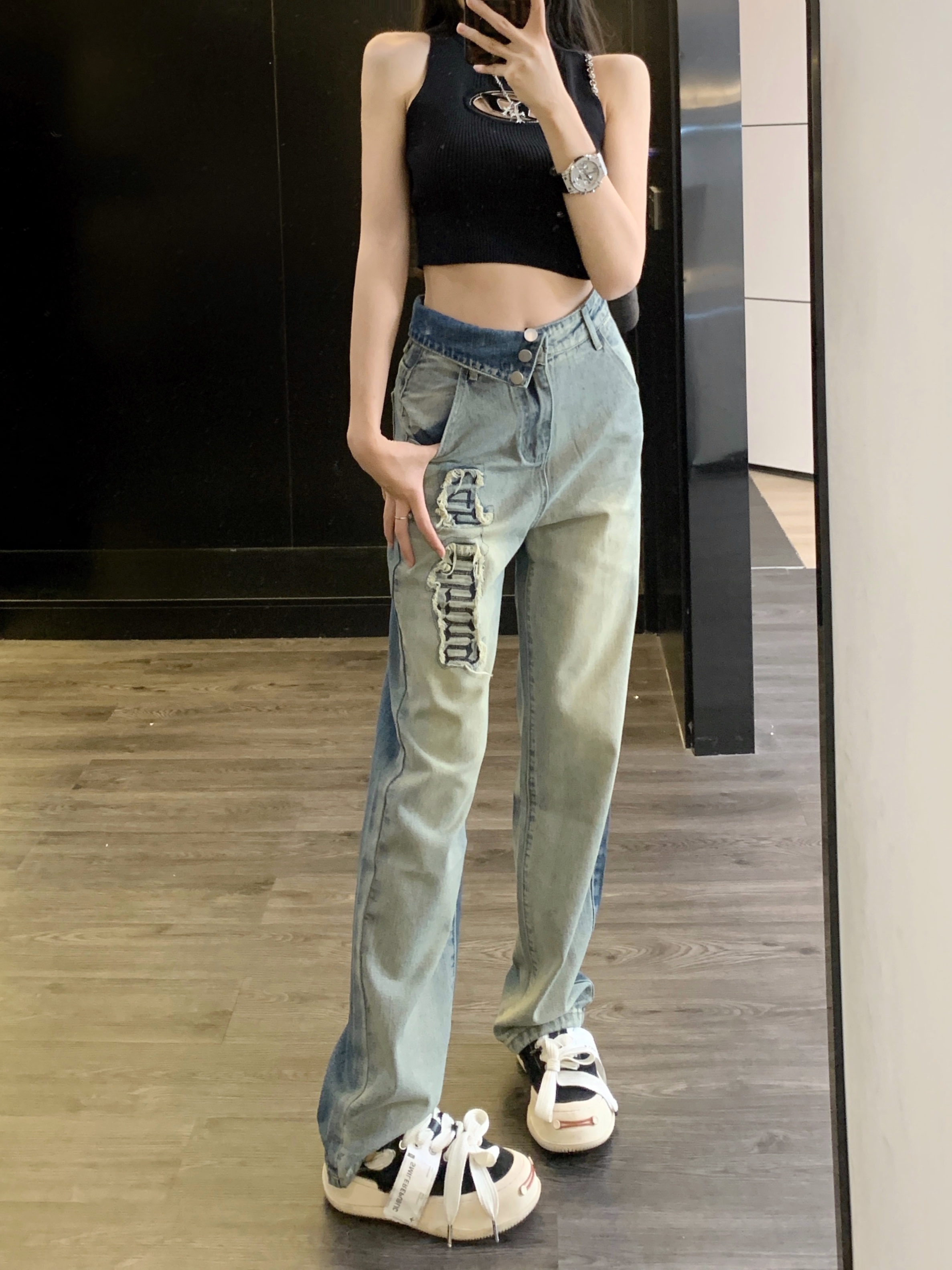實拍2023秋季時尚潮流破洞直筒闊腿美式復古牛仔褲女