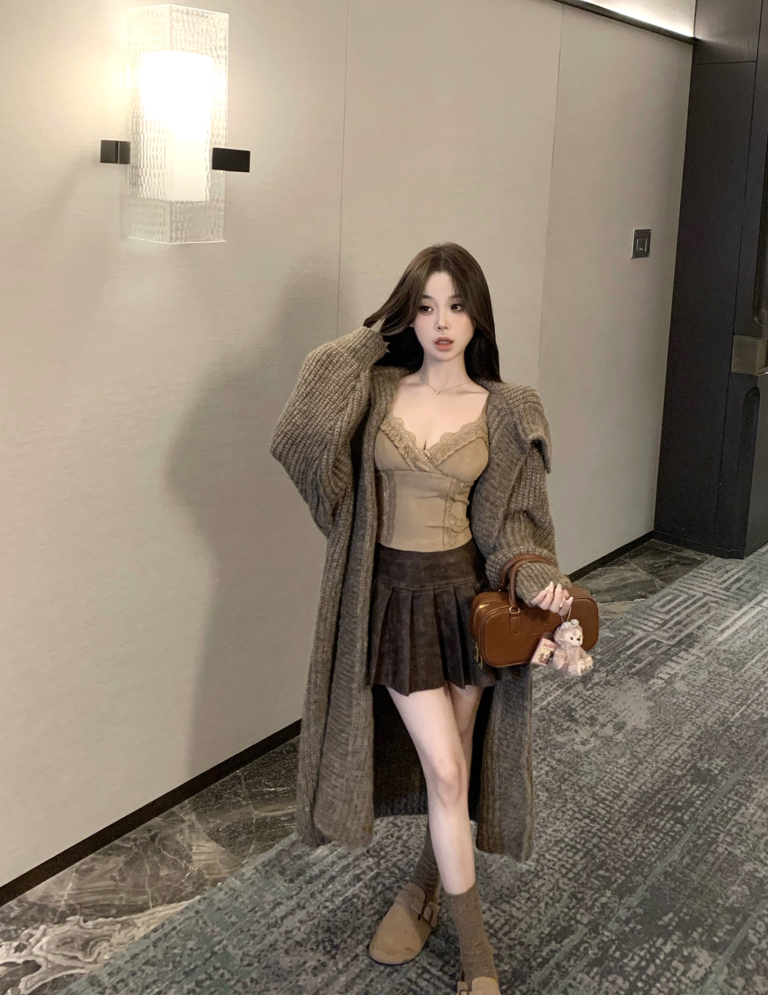 Lazy style lapel long-sleeved knitted cardigan for women in spring and autumn loose slim casual versatile mid-length sweater jacket