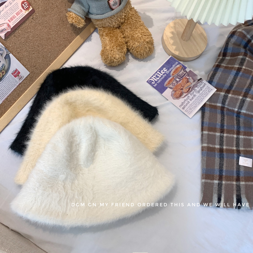 Photographed Fake Rabbit Fur Fisherman Hat Cute Japanese Plush Bucket Hat Warm White Fuzzy Little Tub Hat