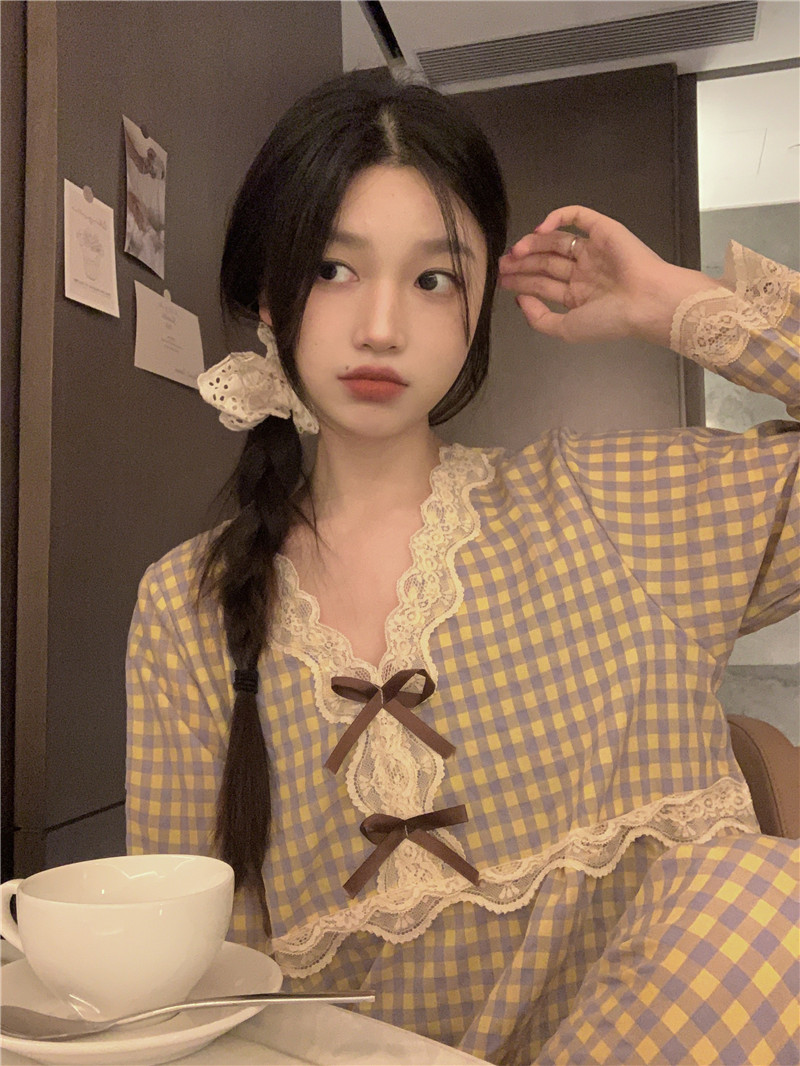 實拍韓版甜美蕾絲格紋秋季長袖長褲蕾絲蝴蝶結外穿家居服套裝