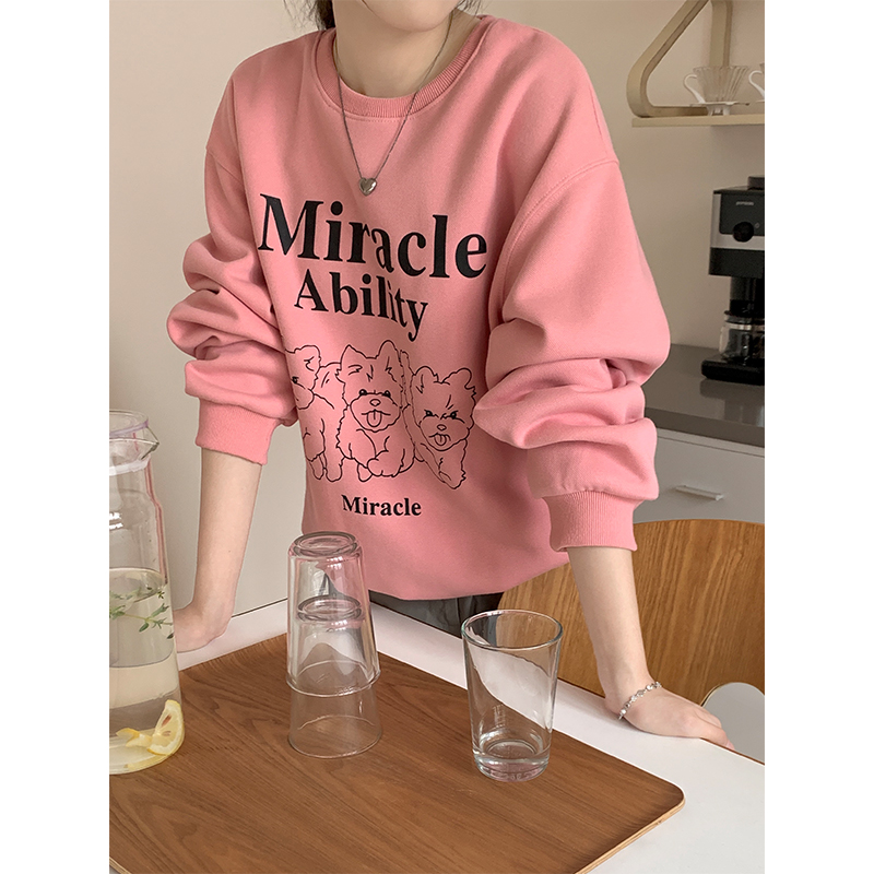 實拍可愛減齡休閒套頭狗狗字母印花衛衣女外穿寬鬆圓領外套上衣
