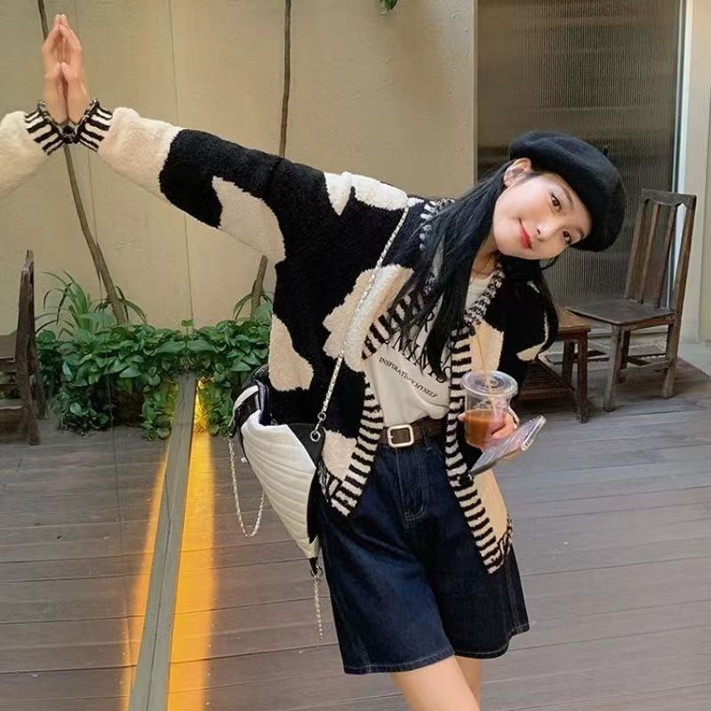 牛奶紋拼色復古毛衣外套女寬鬆外穿秋冬新款軟糯加厚針織開衫上衣