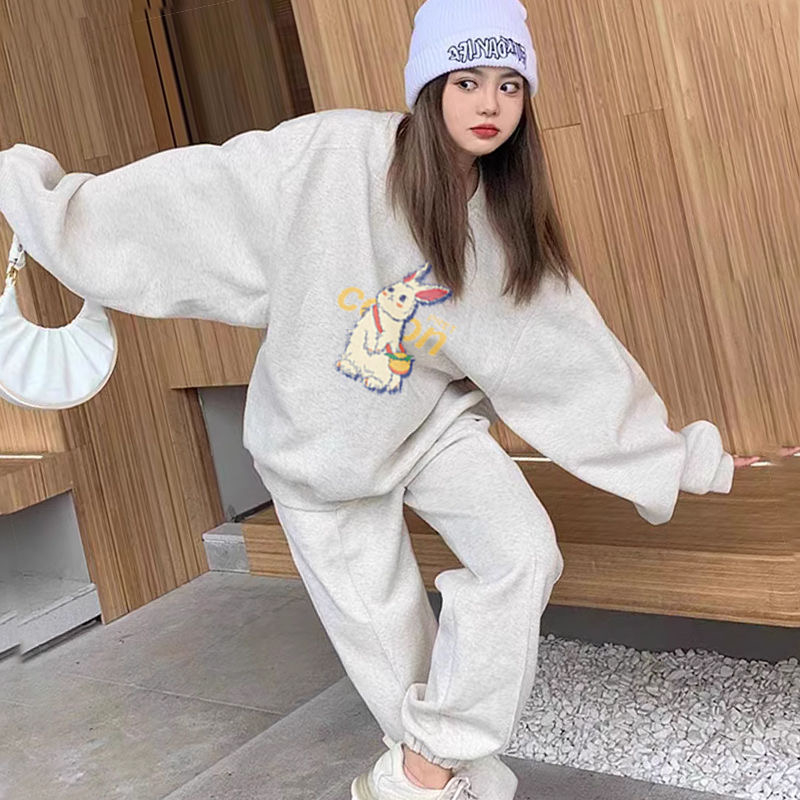 套裝女休閒時尚純欲風顯高顯瘦設計寬鬆衛衣束腳褲兩件套