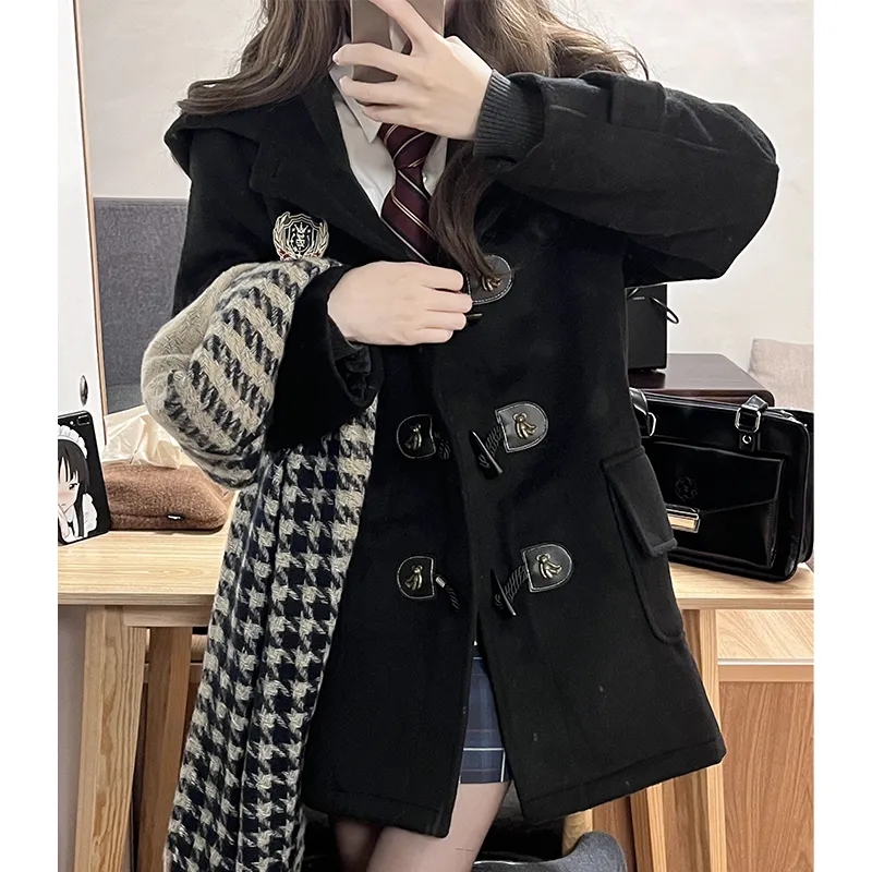 Autumn and winter 2023 new college style horn button coat winter black women's woolen jk uniform mid-length coat