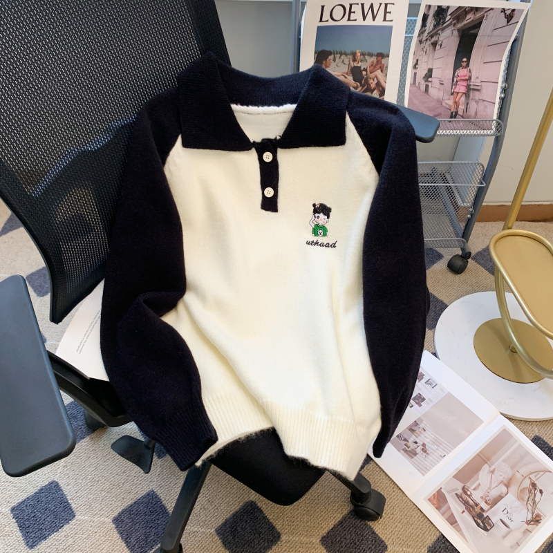 實拍美式復古學院風毛衣女秋季潮牌短款Polo領刺繡插肩袖正肩上衣