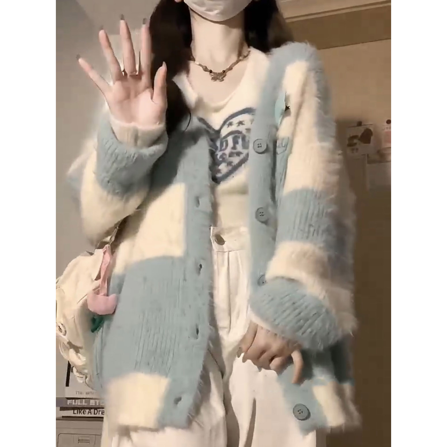 奶呼呼條紋v領毛衣開衫外套女秋冬加厚溫柔慵懶風中長款針織上衣