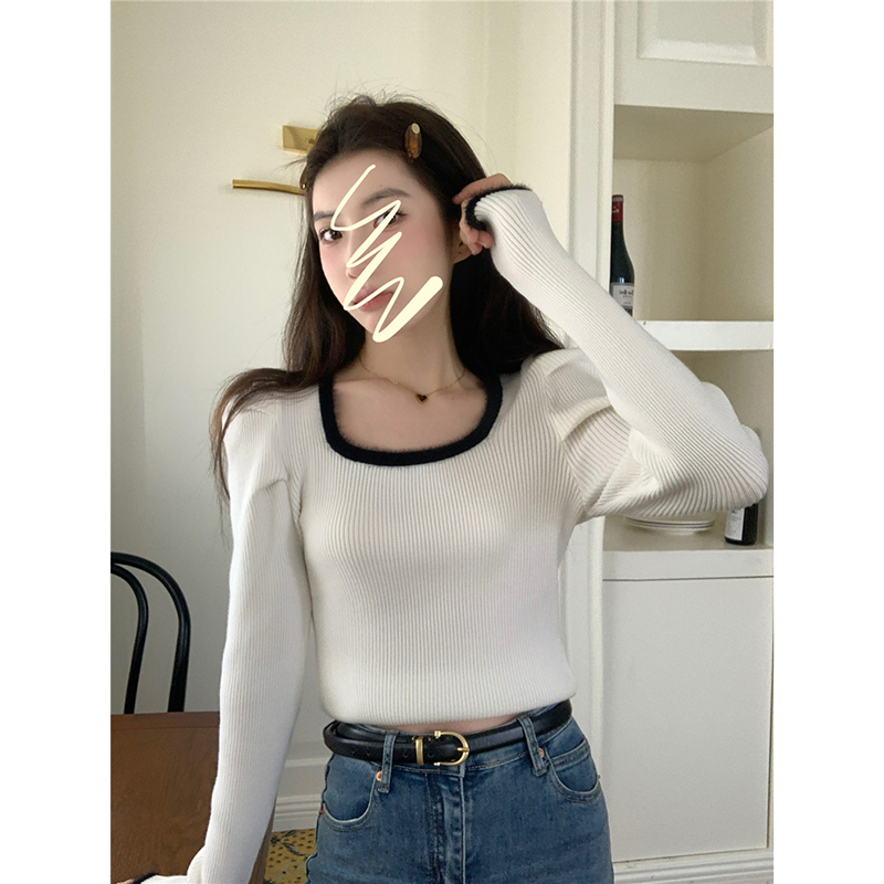Top French color-blocked square-neck bottoming sweater for women autumn and winter 2023 new slim fit and western style with long sleeves