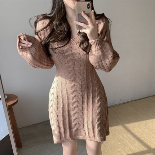 韩国chic秋季温柔气质V领麻花纹设计修身显瘦长袖A字型针织连衣裙