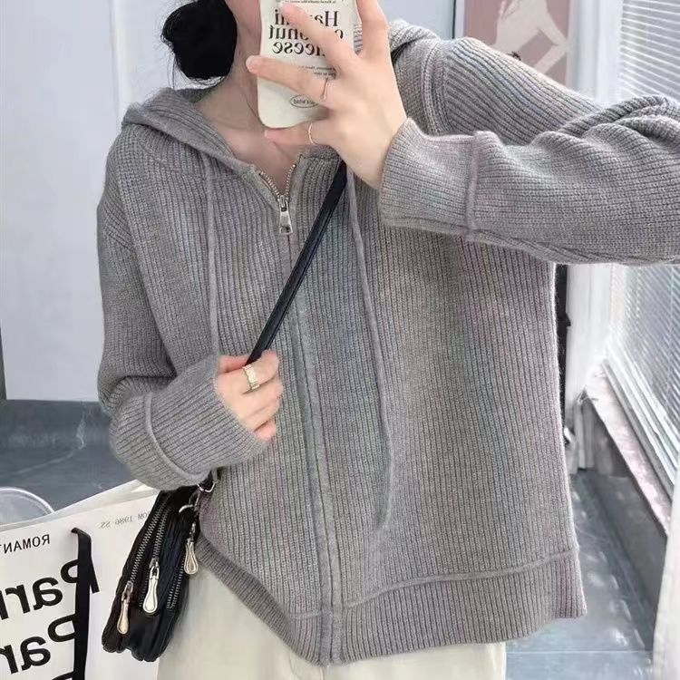 軟糯慵懶風寬鬆設計感雙拉鏈連帽針織開衫上衣抽繩毛衣女秋冬外套