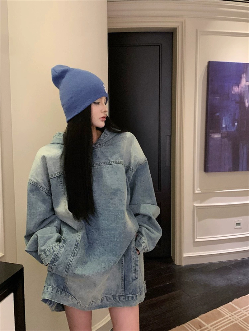 美式復古chic連帽牛仔外套女秋季長袖寬鬆設計感做舊套頭上衣外搭