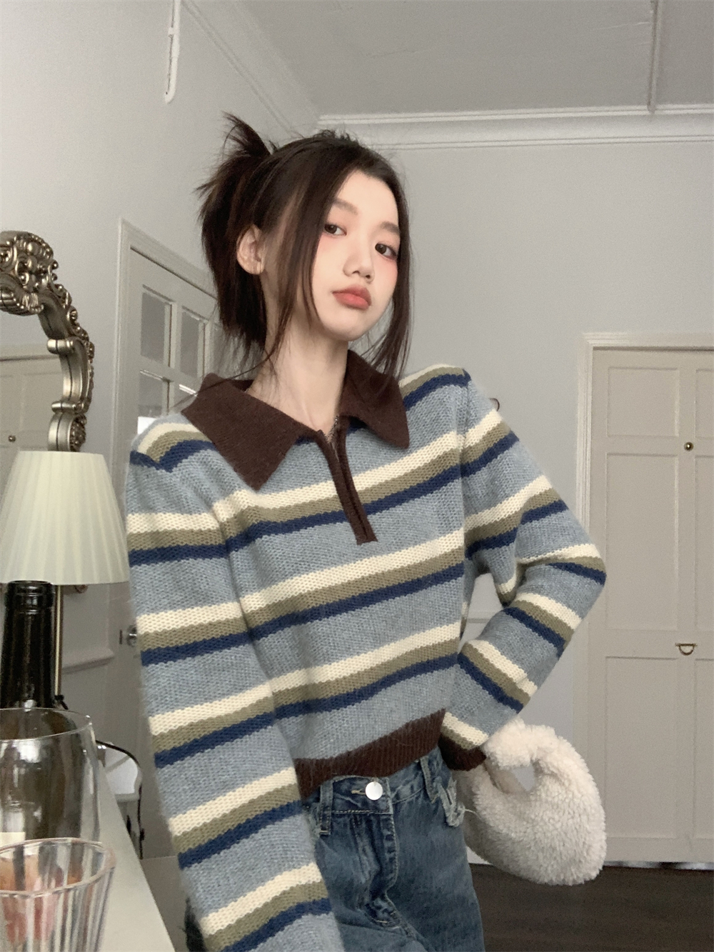 洋氣復古百搭Polo領針織毛衣女秋冬設計感寬鬆顯瘦撞色條紋上衣