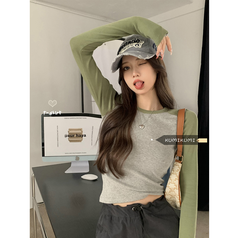 Niche contrast color long-sleeved round neck inner T-shirt women's slim slim bottoming shirt autumn short versatile chic top