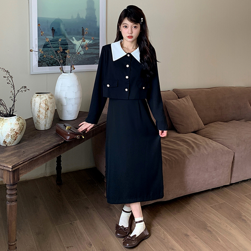 實拍兩件套法式赫本風女裝秋冬新款小香風上衣外套配半身裙套裝