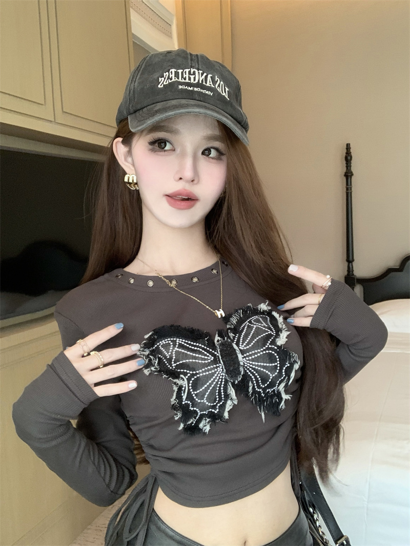 秋季獨特别致美式甜酷辣妹修身短款貼布上衣打底衫內搭實拍