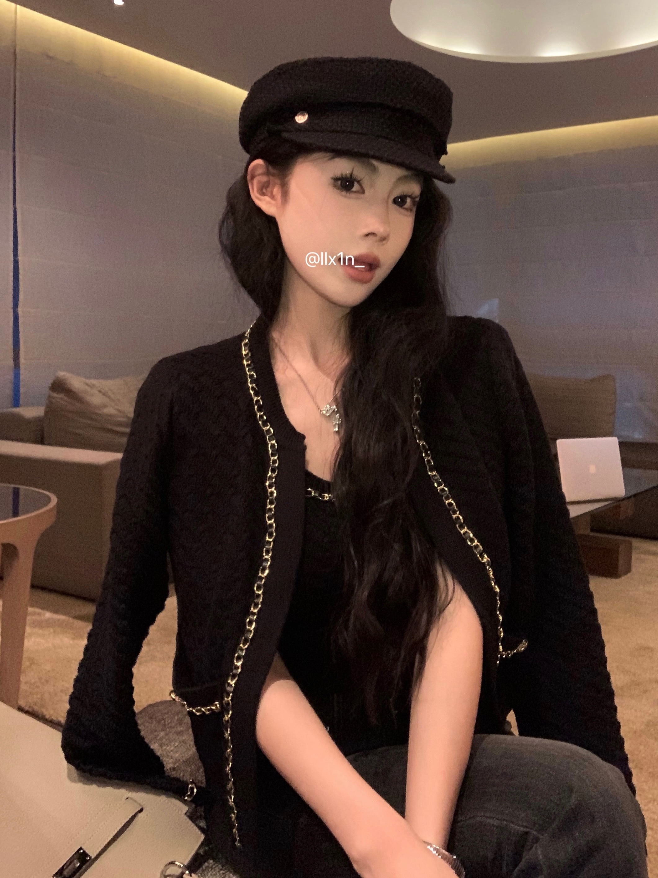 實拍 手縫鏈條設計感小香風針織背心吊帶開衫毛衣兩件套