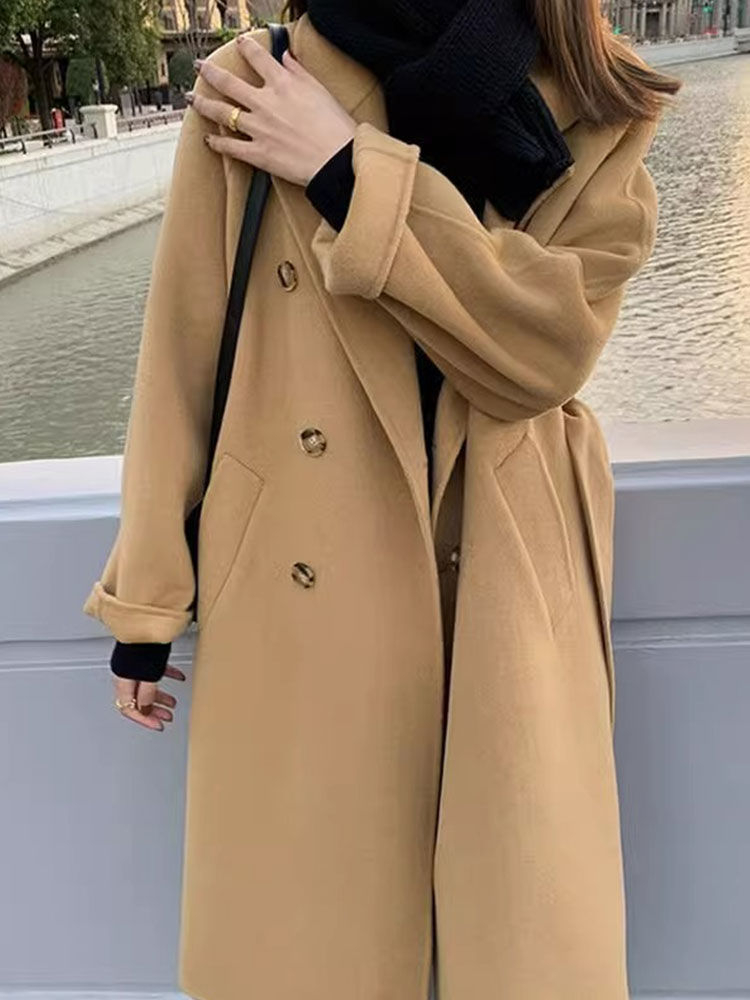腰帶毛呢大衣女反季高級感時尚新款雙排扣設計秋冬毛呢外套中長款