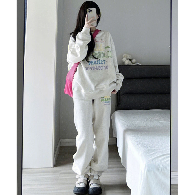華棉複合刺繡運動套裝女秋冬寬鬆顯瘦衛衣衛褲兩件套女美式韓版女