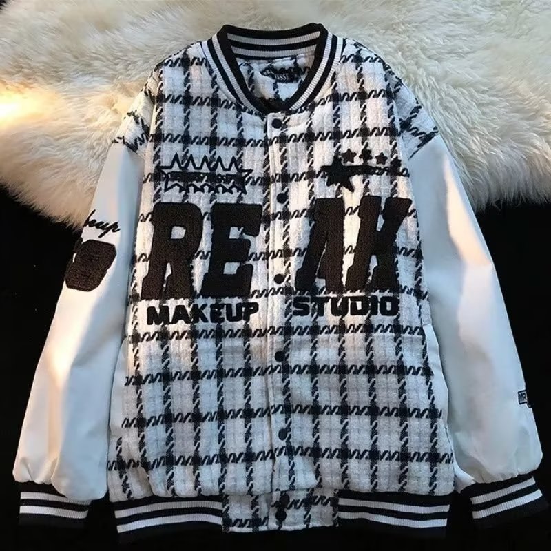 2023美式格子植絨刺繡棒球服外套男潮牌嘻哈寬鬆情侶夾克