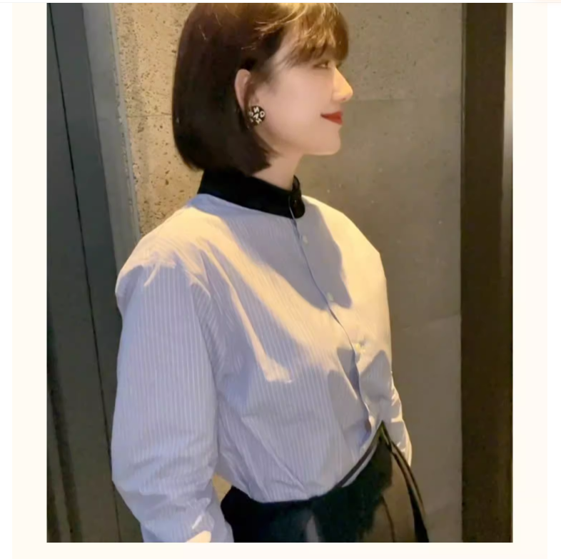 秋季2023新款通勤女裝條紋襯衫法式獨特别致小眾設計感長袖上衣女