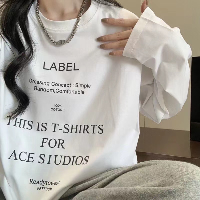 Pure cotton brushed long-sleeved T-shirt for women in autumn and winter ins trendy loose letter design mid-length inner bottoming shirt
