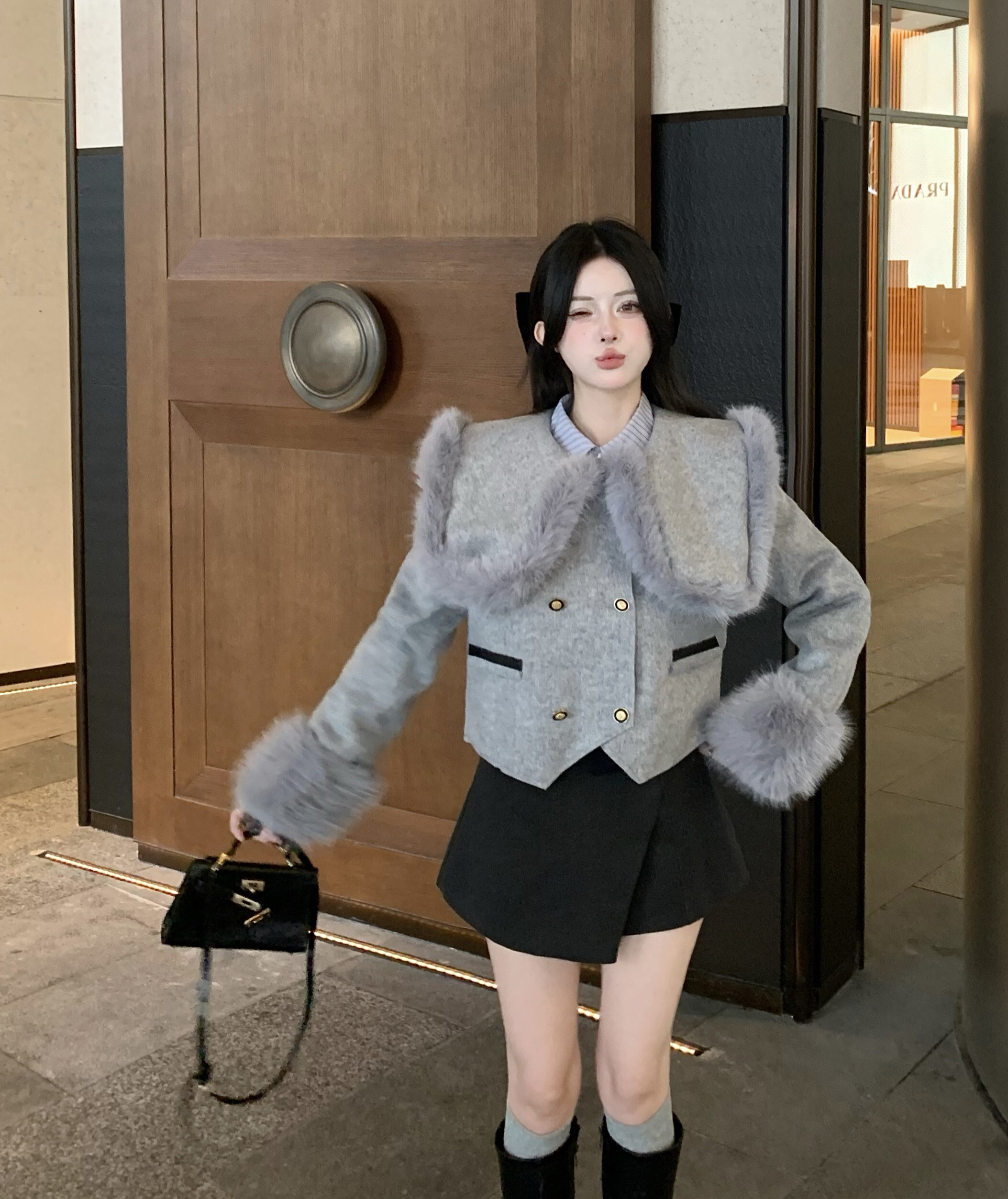 實拍 雙面羊毛大衣女短款高腰設計感小眾狐狸毛皮草毛呢外套