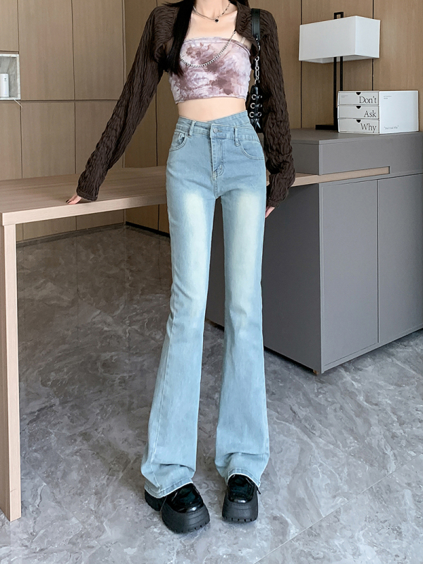 實拍~不規則微喇叭牛仔褲女秋季新款高腰顯瘦彈力馬蹄褲子潮