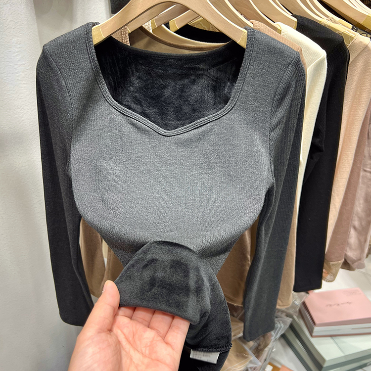 加絨加厚低領打底衫女長袖秋冬季內搭時尚洋氣一體絨德絨上衣保暖