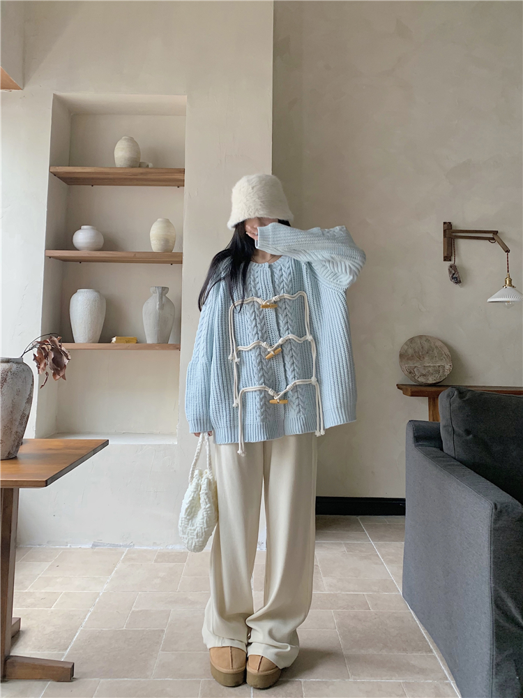 Actual shot~Horn button sweater for autumn and winter, lazy style round neck jacket + straight casual wide leg pants suit