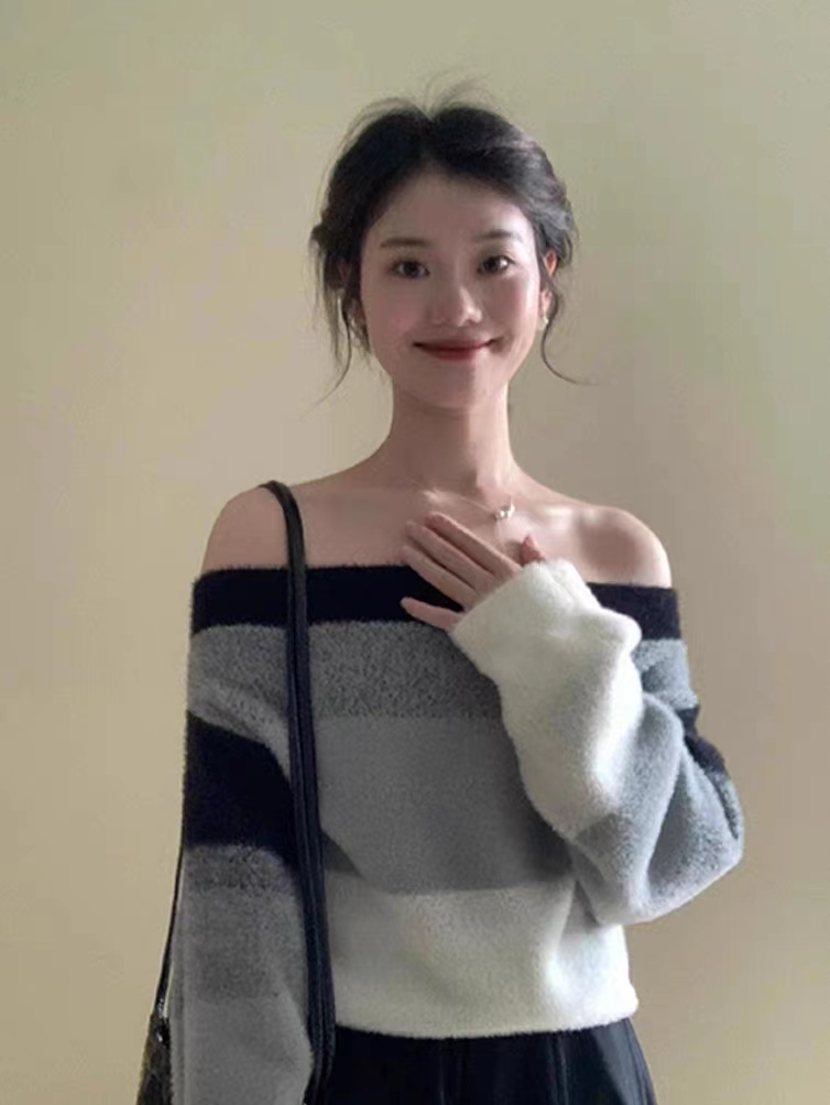 TFAT撞色一字領毛衣女2023秋季新款設計感露肩氣質長袖套頭毛衣