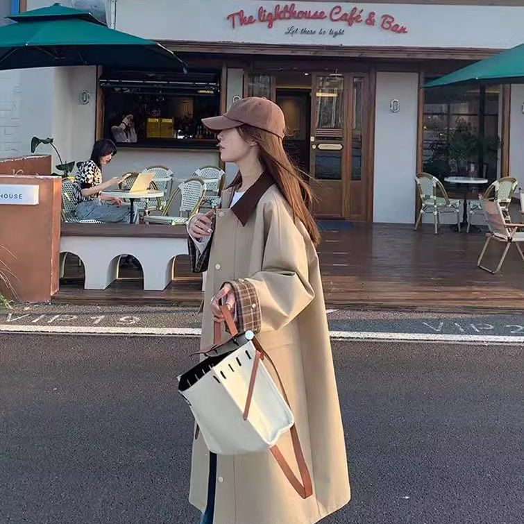 2023 new autumn style retro splicing design khaki coat jacket feminine loose mid-length windbreaker